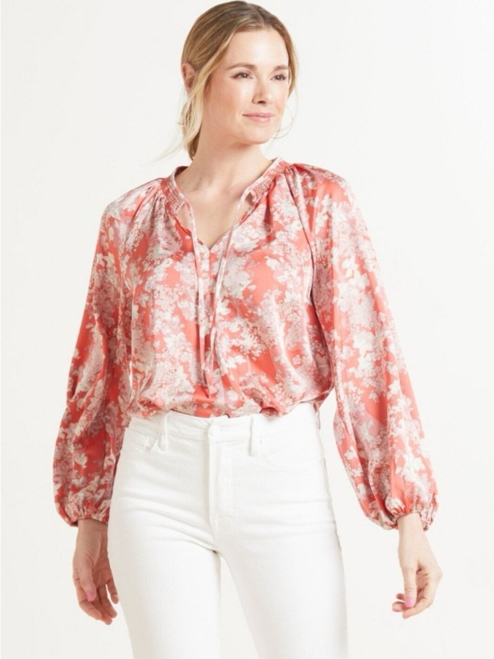 Evereve Womens Floral Smocked Neck Blouse Coral Pink Long Sleeve‎ Top Size S